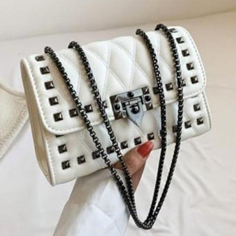 Women’s White Studded Punk Crossbody Bag Chain Strap Vegan Leather Purse - Picture 7 of 8